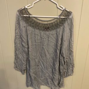 Lace neckline long sleeve blouse